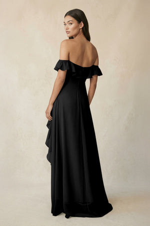 Ruffled Off-the-Shoulder A-Line Chiffon Bridesmaid Dress in Black - KissProm BRIDESMAID DRESSES