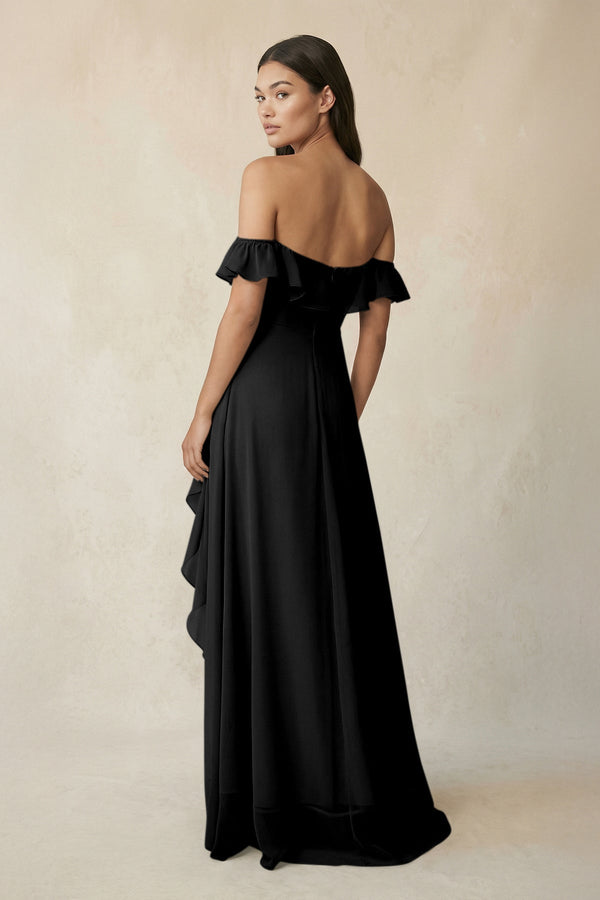 Ruffled Off-the-Shoulder A-Line Chiffon Bridesmaid Dress in Black - KissProm BRIDESMAID DRESSES