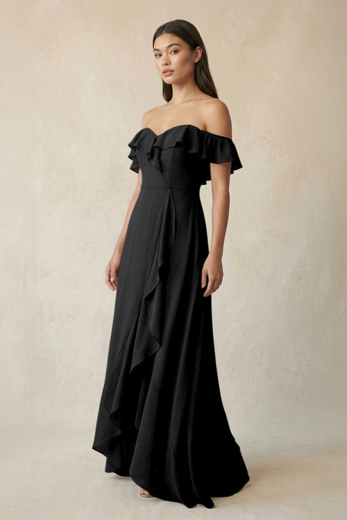 Ruffled Off-the-Shoulder A-Line Chiffon Bridesmaid Dress in Black - KissProm BRIDESMAID DRESSES