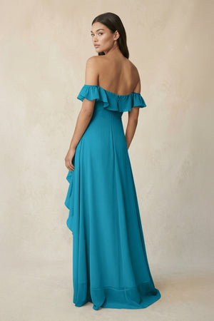 Ruffled Off-the-Shoulder A-Line Chiffon Bridesmaid Dress in Blue Jay - KissProm BRIDESMAID DRESSES