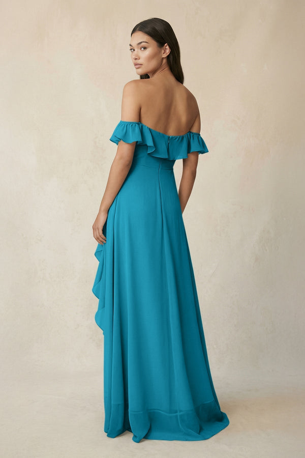 Ruffled Off-the-Shoulder A-Line Chiffon Bridesmaid Dress in Blue Jay - KissProm BRIDESMAID DRESSES