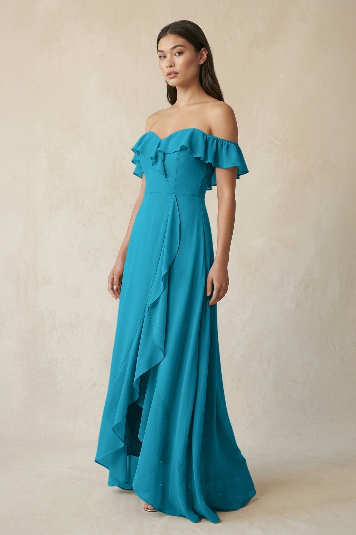 KissProm Ruffled Off-the-Shoulder A-Line Chiffon Bridesmaid Dress in Blue Jay, Blue Jay / 2