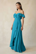 Ruffled Off-the-Shoulder A-Line Chiffon Bridesmaid Dress in Blue Jay - KissProm BRIDESMAID DRESSES