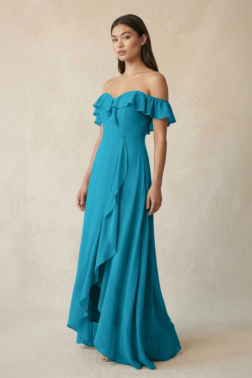 Ruffled Off-the-Shoulder A-Line Chiffon Bridesmaid Dress in Blue Jay - KissProm BRIDESMAID DRESSES