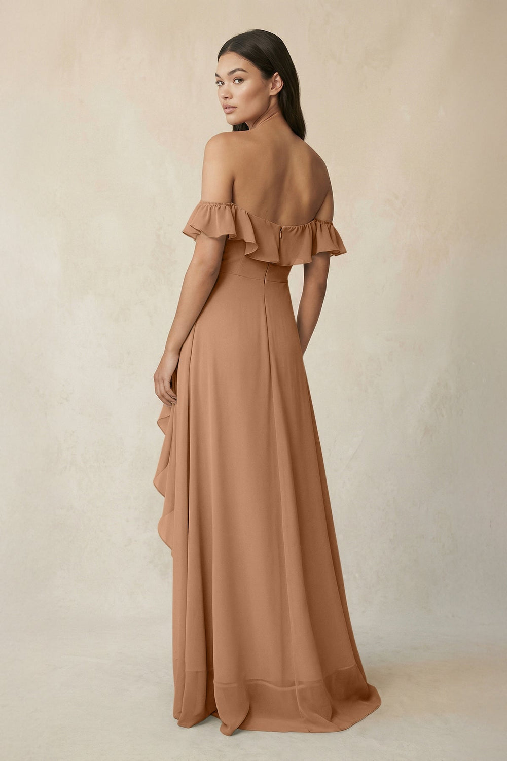 Ruffled Off-the-Shoulder A-Line Chiffon Bridesmaid Dress in Bronzer - KissProm BRIDESMAID DRESSES