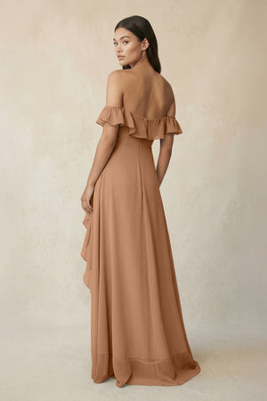 Ruffled Off-the-Shoulder A-Line Chiffon Bridesmaid Dress in Bronzer - KissProm BRIDESMAID DRESSES