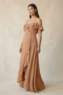 Ruffled Off-the-Shoulder A-Line Chiffon Bridesmaid Dress in Bronzer - KissProm BRIDESMAID DRESSES