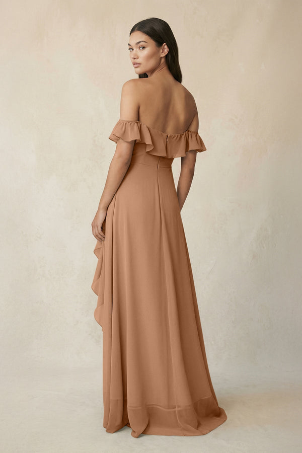 Ruffled Off-the-Shoulder A-Line Chiffon Bridesmaid Dress in Bronzer - KissProm BRIDESMAID DRESSES