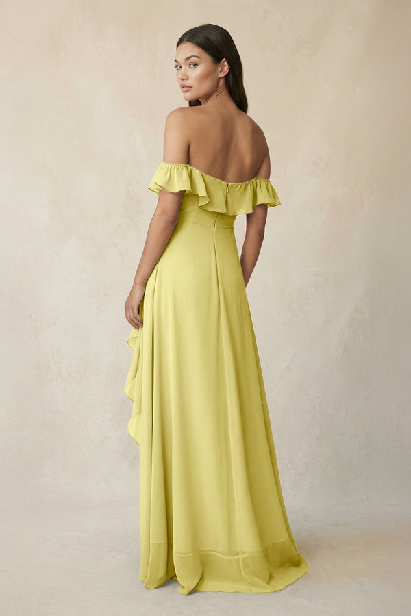 Ruffled Off-the-Shoulder A-Line Chiffon Bridesmaid Dress in Buttercup - KissProm BRIDESMAID DRESSES