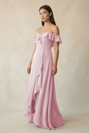 Ruffled Off-the-Shoulder A-Line Chiffon Bridesmaid Dress in Candy Pink - KissProm BRIDESMAID DRESSES