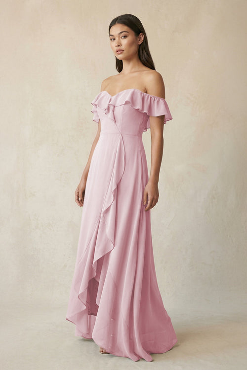 Ruffled Off-the-Shoulder A-Line Chiffon Bridesmaid Dress in Candy Pink - KissProm BRIDESMAID DRESSES