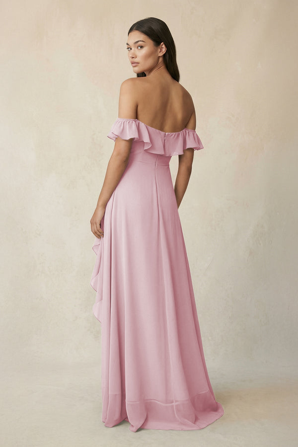 Ruffled Off-the-Shoulder A-Line Chiffon Bridesmaid Dress in Candy Pink - KissProm BRIDESMAID DRESSES
