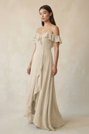 Ruffled Off-the-Shoulder A-Line Chiffon Bridesmaid Dress in Champagne - KissProm BRIDESMAID DRESSES