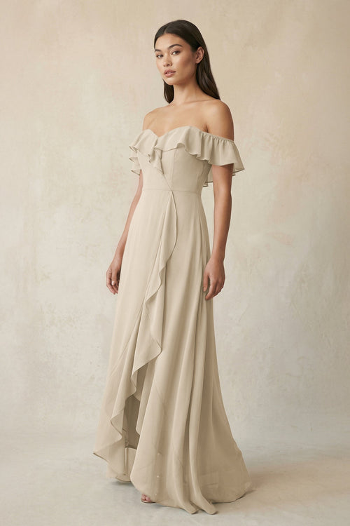 Ruffled Off-the-Shoulder A-Line Chiffon Bridesmaid Dress in Champagne - KissProm BRIDESMAID DRESSES