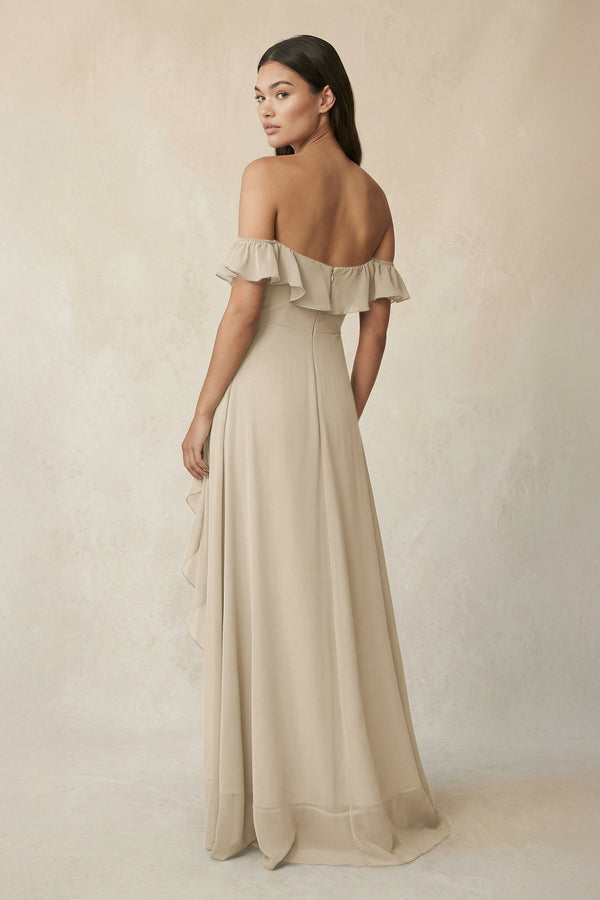 Ruffled Off-the-Shoulder A-Line Chiffon Bridesmaid Dress in Champagne - KissProm BRIDESMAID DRESSES