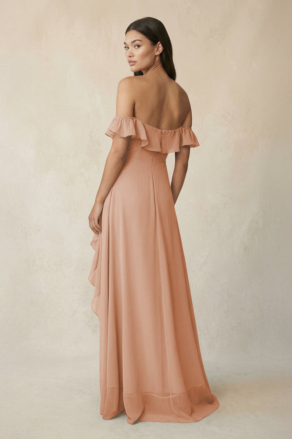Ruffled Off-the-Shoulder A-Line Chiffon Bridesmaid Dress in Champagne Rose - KissProm BRIDESMAID DRESSES