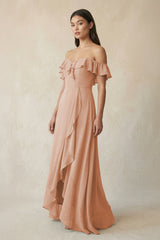 Ruffled Off-the-Shoulder A-Line Chiffon Bridesmaid Dress in Champagne Rose - KissProm BRIDESMAID DRESSES