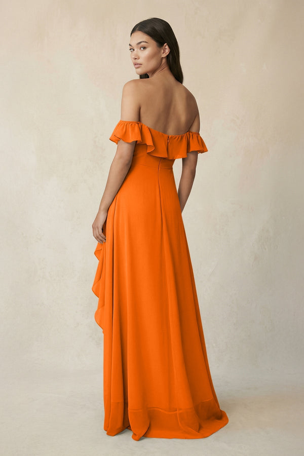 Ruffled Off-the-Shoulder A-Line Chiffon Bridesmaid Dress in Cinnamon - KissProm BRIDESMAID DRESSES
