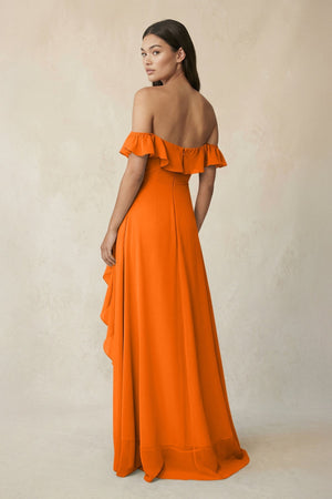 Ruffled Off-the-Shoulder A-Line Chiffon Bridesmaid Dress in Cinnamon - KissProm BRIDESMAID DRESSES