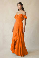 Ruffled Off-the-Shoulder A-Line Chiffon Bridesmaid Dress in Cinnamon - KissProm BRIDESMAID DRESSES