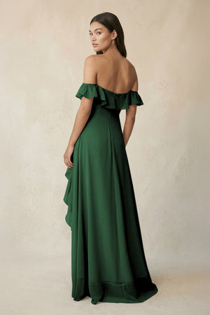 Ruffled Off-the-Shoulder A-Line Chiffon Bridesmaid Dress in Dark Green - KissProm BRIDESMAID DRESSES