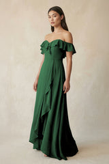 Ruffled Off-the-Shoulder A-Line Chiffon Bridesmaid Dress in Dark Green - KissProm BRIDESMAID DRESSES