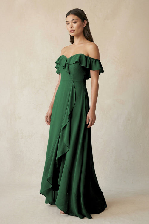 Ruffled Off-the-Shoulder A-Line Chiffon Bridesmaid Dress in Dark Green - KissProm BRIDESMAID DRESSES