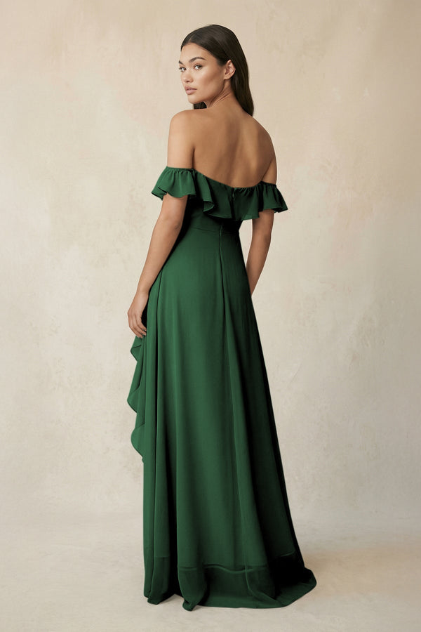 Ruffled Off-the-Shoulder A-Line Chiffon Bridesmaid Dress in Dark Green - KissProm BRIDESMAID DRESSES