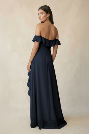 Ruffled Off-the-Shoulder A-Line Chiffon Bridesmaid Dress in Dark Navy - KissProm BRIDESMAID DRESSES