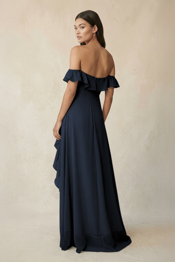 Ruffled Off-the-Shoulder A-Line Chiffon Bridesmaid Dress in Dark Navy - KissProm BRIDESMAID DRESSES