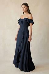 Ruffled Off-the-Shoulder A-Line Chiffon Bridesmaid Dress in Dark Navy - KissProm BRIDESMAID DRESSES