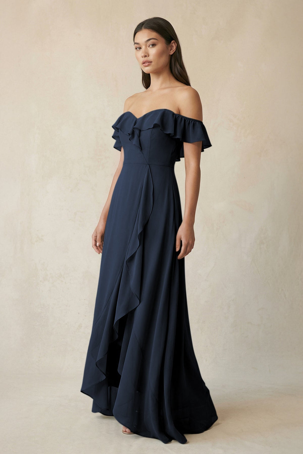 Ruffled Off-the-Shoulder A-Line Chiffon Bridesmaid Dress in Dark Navy - KissProm BRIDESMAID DRESSES