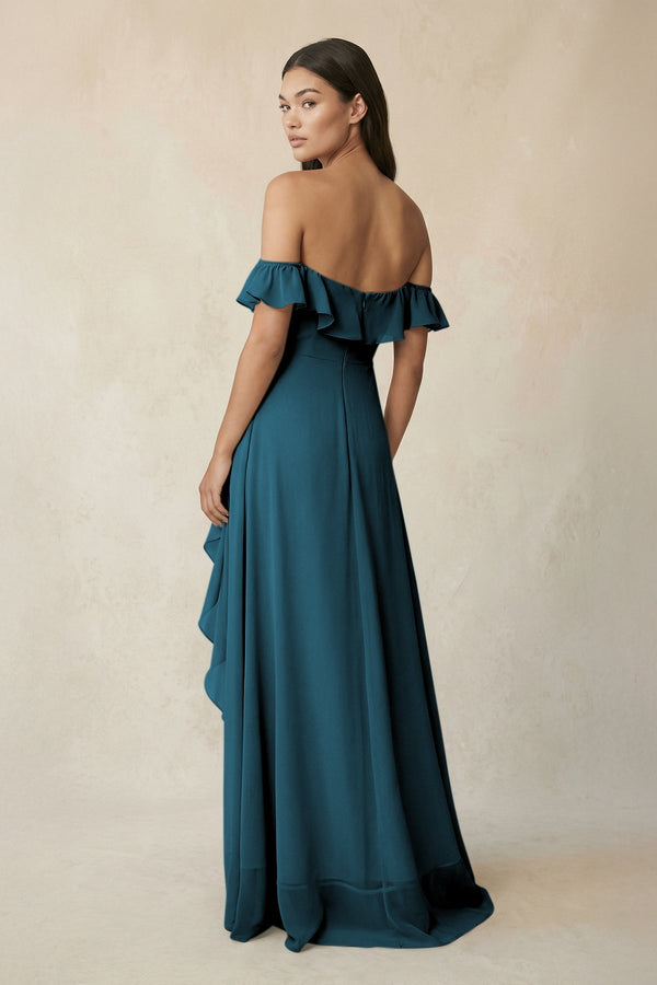 Ruffled Off-the-Shoulder A-Line Chiffon Bridesmaid Dress in Dark Teal - KissProm BRIDESMAID DRESSES