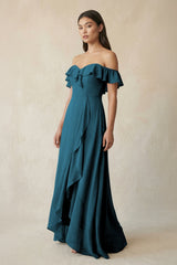 Ruffled Off-the-Shoulder A-Line Chiffon Bridesmaid Dress in Dark Teal - KissProm BRIDESMAID DRESSES