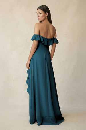 Ruffled Off-the-Shoulder A-Line Chiffon Bridesmaid Dress in Dark Teal - KissProm BRIDESMAID DRESSES
