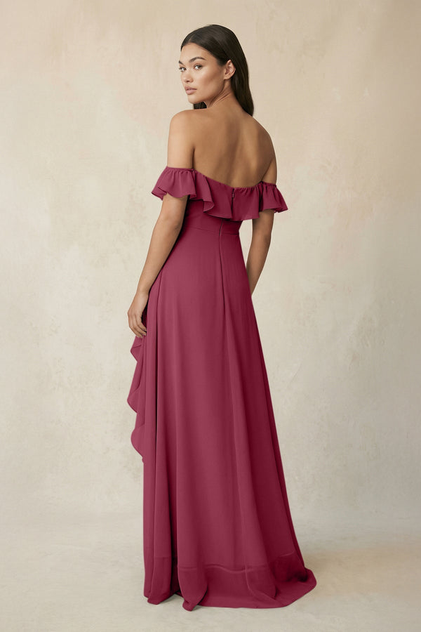 Ruffled Off-the-Shoulder A-Line Chiffon Bridesmaid Dress in Desert Rose - KissProm BRIDESMAID DRESSES