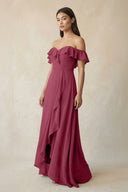 Ruffled Off-the-Shoulder A-Line Chiffon Bridesmaid Dress in Desert Rose - KissProm BRIDESMAID DRESSES