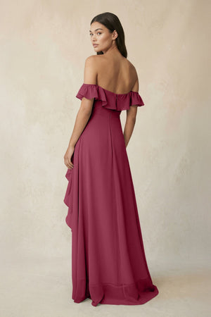 Ruffled Off-the-Shoulder A-Line Chiffon Bridesmaid Dress in Desert Rose - KissProm BRIDESMAID DRESSES