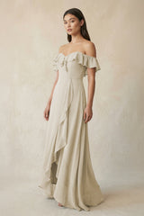 Ruffled Off-the-Shoulder A-Line Chiffon Bridesmaid Dress in Dove Gray - KissProm BRIDESMAID DRESSES