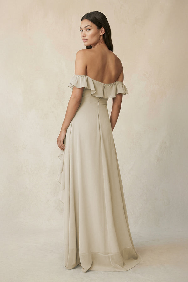 Ruffled Off-the-Shoulder A-Line Chiffon Bridesmaid Dress in Dove Gray - KissProm BRIDESMAID DRESSES