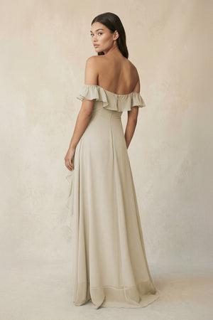 Ruffled Off-the-Shoulder A-Line Chiffon Bridesmaid Dress in Dove Gray - KissProm BRIDESMAID DRESSES