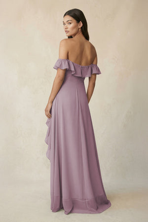 Ruffled Off-the-Shoulder A-Line Chiffon Bridesmaid Dress in Dusk - KissProm BRIDESMAID DRESSES