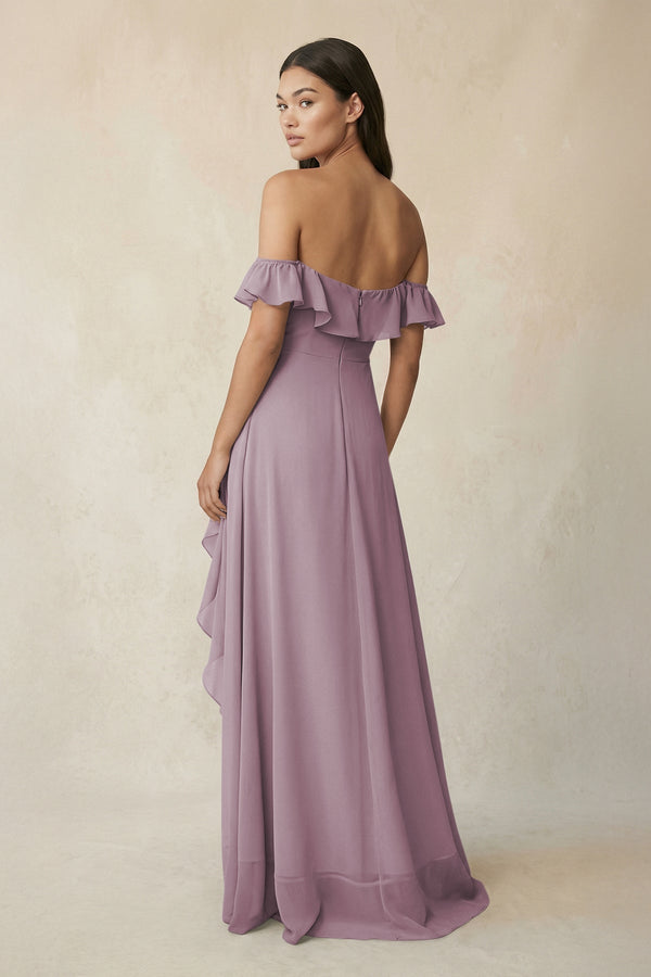 Ruffled Off-the-Shoulder A-Line Chiffon Bridesmaid Dress in Dusk - KissProm BRIDESMAID DRESSES
