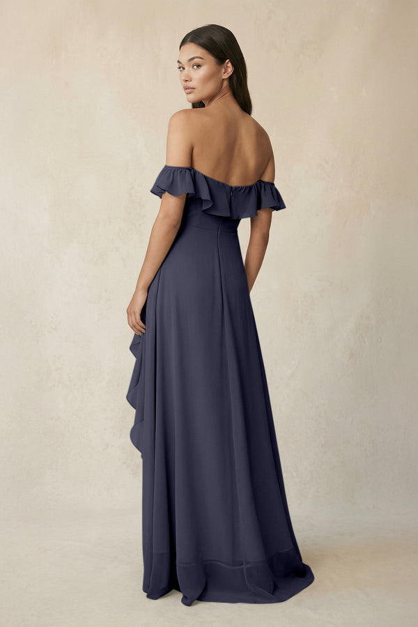 Ruffled Off-the-Shoulder A-Line Chiffon Bridesmaid Dress in Dusk Blue - KissProm BRIDESMAID DRESSES