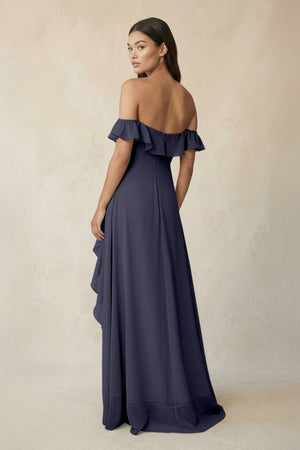 Ruffled Off-the-Shoulder A-Line Chiffon Bridesmaid Dress in Dusk Blue - KissProm BRIDESMAID DRESSES