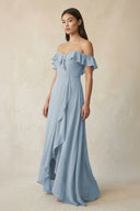 Ruffled Off-the-Shoulder A-Line Chiffon Bridesmaid Dress in Dusty Blue - KissProm BRIDESMAID DRESSES