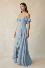 Ruffled Off-the-Shoulder A-Line Chiffon Bridesmaid Dress in Dusty Blue - KissProm BRIDESMAID DRESSES