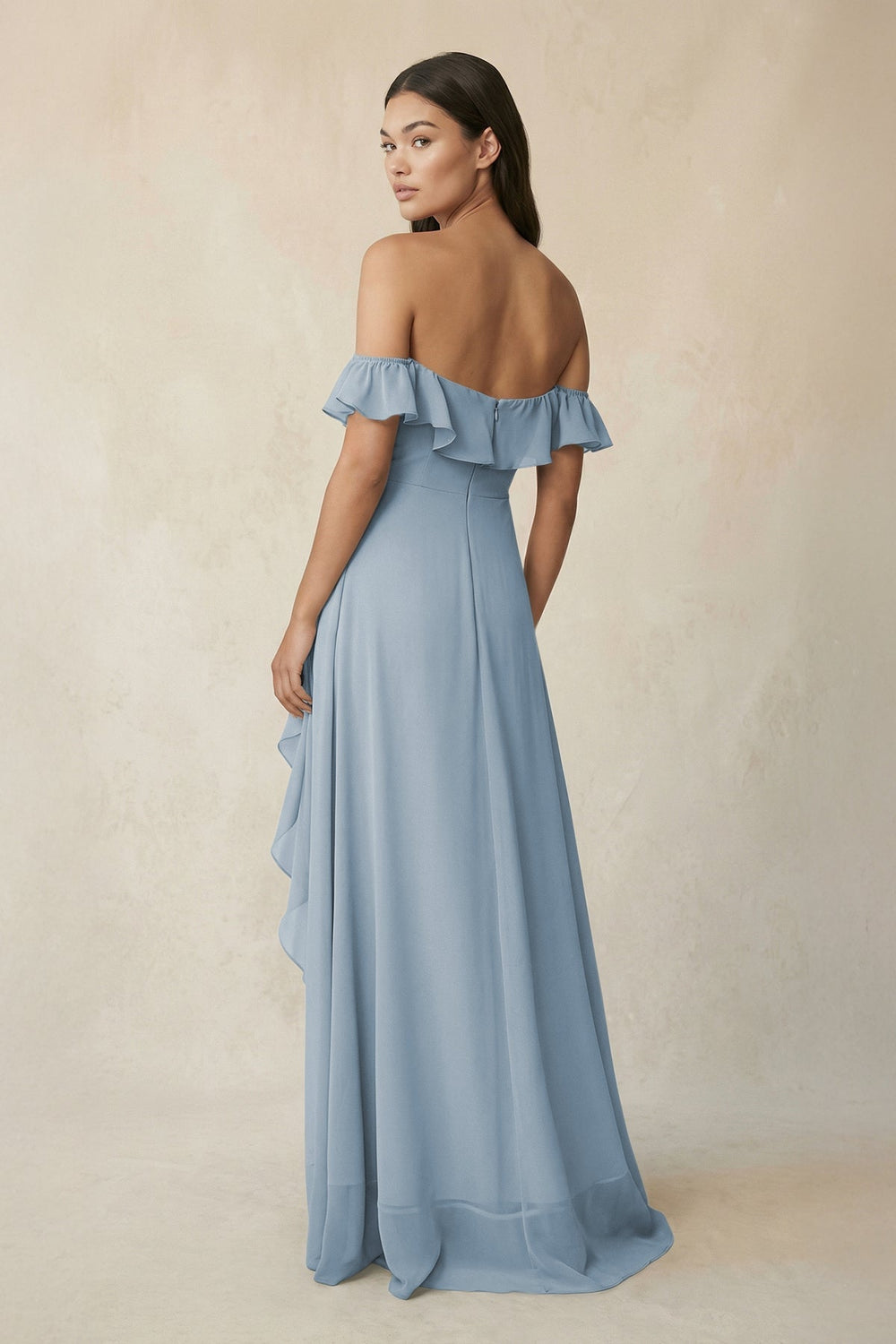 Ruffled Off-the-Shoulder A-Line Chiffon Bridesmaid Dress in Dusty Blue - KissProm BRIDESMAID DRESSES