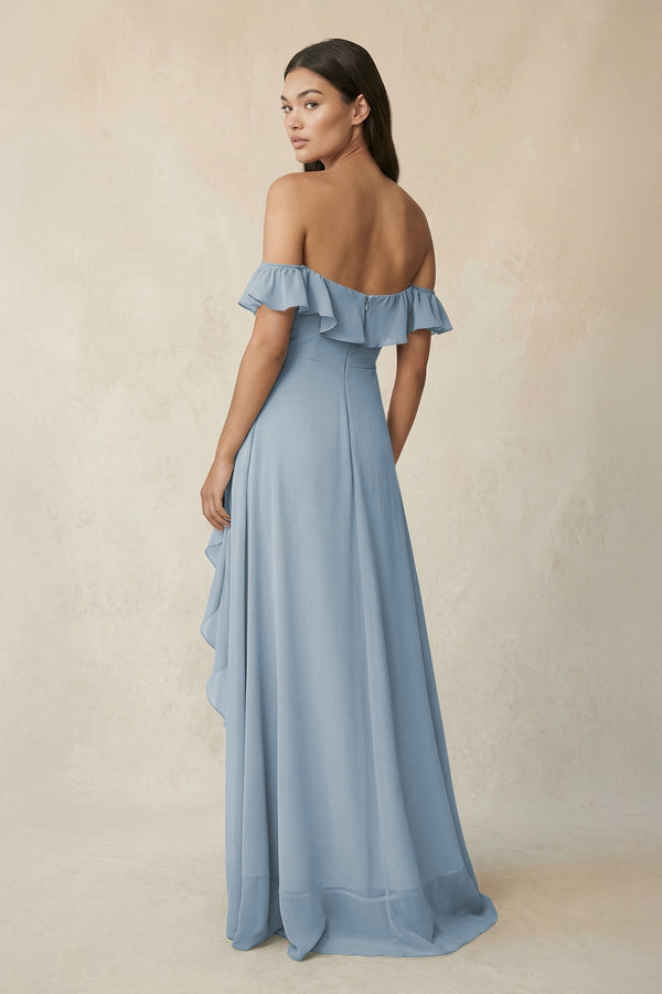 Ruffled Off-the-Shoulder A-Line Chiffon Bridesmaid Dress in Dusty Blue - KissProm BRIDESMAID DRESSES