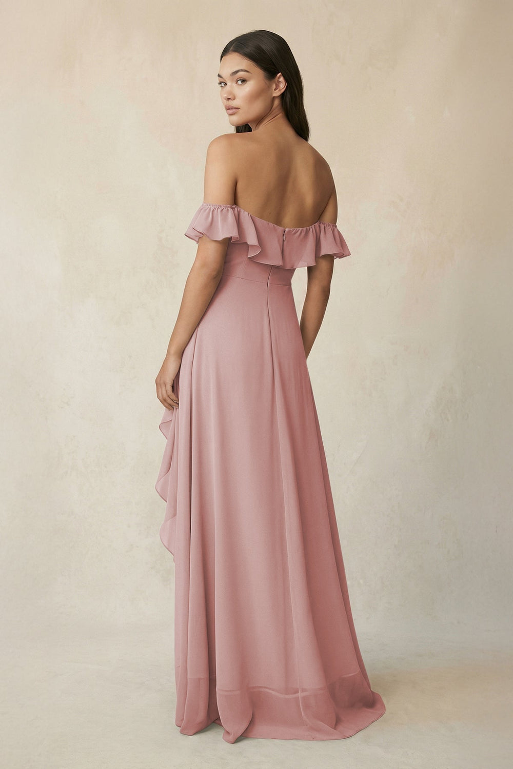 Ruffled Off-the-Shoulder A-Line Chiffon Bridesmaid Dress in Dusty Rose - KissProm BRIDESMAID DRESSES